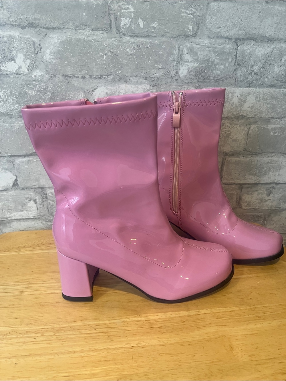 Pink Patent Mid-Calf Block Heel Boots - Women's Fashion Boot